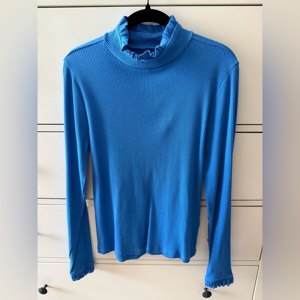 J. Crew Light Blue Ribbed Top with Ruffle Neckline